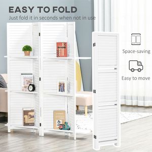 Paravent en bois de 67 pouces de haut avec 3 étagères de présentation, rangement pliable à 4 panneaux pour chambre à coucher, bureau à domicile, blanc - Product Image 4