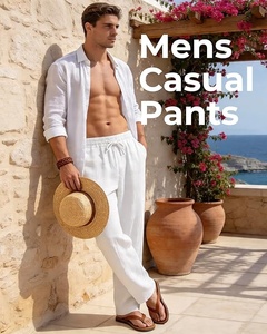 Men's Black Cotton <b>Drawstring</b> Pants Elastic Waist Casual Loose Fit Breathable Summer <b>Trousers</b> With Side Pockets - Product Image 4