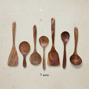 Ensemble d'ustensiles de cuisine en bois de teck, cuillères en bois naturel avec support, gadgets de cuisine écologiques, cadeau pour chef, antiadhésif et sûr - Product Image 3