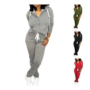 Ensemble de survêtement d'hiver pour femmes grande taille, couleur unie, sweat-shirt 100% coton avec pantalon de jogging deux pièces - Product Image 1