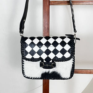 New Western Cowhide <b>Leather</b> Crossbody <b>Bag</b> for Women's Checkered Shoulder Purse Handmade Hair on Sling <b>Bag</b> with Horse Bit Buckle - Product Image 6