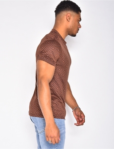 Chemise décontractée à manches courtes en tricot à motif géométrique marron pour homme, respirante, idéale pour l'été - Product Image 4