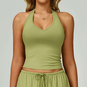 Women's 100% Cotton Knitted Solid Color Halter Neck <b>Crop</b> Tank <b>Top</b> Hip Hop Style Eco-Friendly Breathable Green - Product Image 2