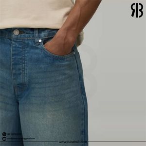 Shorts Bermuda en jean bleu délavé pour homme, taille mi-haute, fermeture boutonnée, style décontracté, 100 % coton tissé, unisexe, vente chaude - Product Image 6