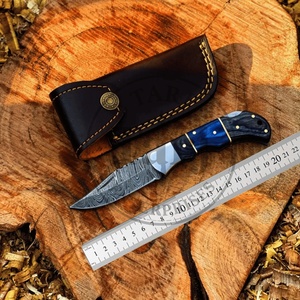 Handmade Damascus Industrial Grade Folding Knife Blue Wood Handle <b>Drop</b> Point Blade 3-Year Warranty Pocket Knife Leather Pouch - Product Image 5
