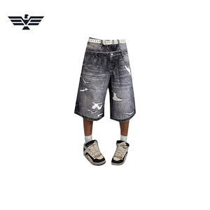 High Waist Distressed Denim <b>Shorts</b> With Ripped Details And <b>Belted</b> Design For Summer Casual Wear - Product Image 2