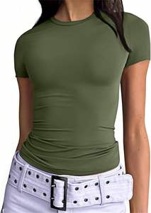 Camiseta de cuello redondo para mujer, ajustada, de punto elástico suave, para uso diario informal, ropa femenina lisa al por mayor - Product Image 2