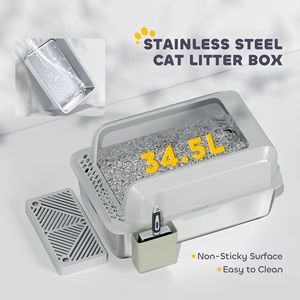 High Sided Stainless Steel <b>Cat</b> Litter <b>Box</b> Anti-Urine Leakage Non-Sticky Features Includes Metal Scoop Scoop Holder Accessory - Product Image 5