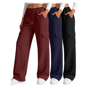 Pantalon cargo pour femme, couleur unie, taille à cordon de serrage, coupe ample, longueur complète, décontracté, respirant, poches tricotées, pour l'été et l'automne - Product Image 1