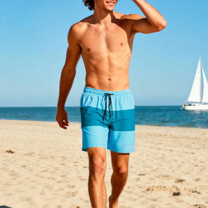 Men Color Blocked Board Shorts Quick Dry Drawstring <b>Mid</b> Waist Casual Swimwear Blue 100% Polyester Canvas - Product Image 2