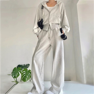 Ensemble de survêtement décontracté zippé oversize pour femme, en mélange de coton épais, avec sweat à capuche et pantalon de jogging ample, style streetwear et vêtements de détente - Product Image 1