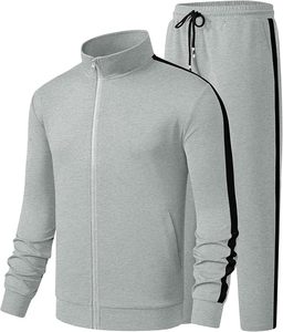 Ensemble de survêtement unisexe gris à manches longues avec fermeture éclair, col montant, couleur unie, poches latérales, coupe régulière, tenue décontractée d'automne - Product Image 4