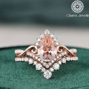 Charm_Jewells Women's Rose Gold Plated Pear Cut Moissanite Engagement <b>Ring</b> Pave Setting Romantic <b>Crown</b> Style - Product Image 5