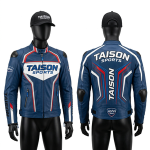 Mens 950 GSM Premium Cowhide Leather Motorbike <b>Jacket</b> Navy <b>White</b> Panel Design Custom Embroidery Men's <b>Jackets</b> - Product Image 4