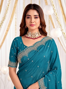 AARA Fashion Sari de Seda Azul Verdoso con Borde Bordado y Blusa para Boda, Elegante, Largo hasta el Suelo, Ropa India y Pakistaní para Mujer - Product Image 5