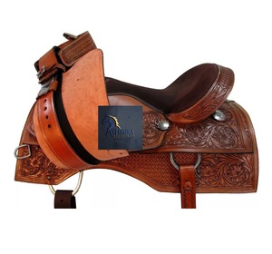 อานม้าหนังแท้สไตล์ตะวันตกสำหรับแข่งม้า ลายดอกไม้และตะกร้า ประดับโลหะแกะสลักลาย คอนโชส์สีน้ำตาล เบาะบุนวม พร้อมชุดอุปกรณ์ ขนาด 10"–18" - Product Image 2