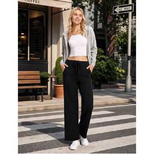 Pantalones de chándal casuales de cintura alta y pierna ancha para mujer, suaves y cómodos, con cordón y bolsillos, ideales para el verano. - Product Image 6