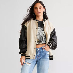 Women's Winter Varsity Bomber Jacket Two-Tone Quilted Wool Beige Body Leather Sleeves Casual Streetwear Cotton Eco-Friendly - Product Image 5