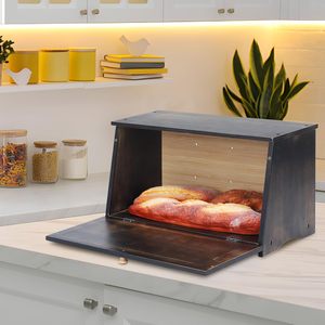 Caja de pan grande de madera para encimera de cocina, diseño retro, de una sola capa, contenedor de almacenamiento de alimentos de gran capacidad, color negro vintage. - Product Image 4