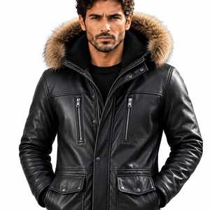 Chaqueta con Capucha de Cuero Negro para Hombre con Forro de Piel - Product Image 1