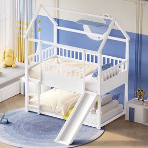 Letto a Castello Convertibile con Scivolo e Scaletta, Letto a Terra Singolo Sopra Singolo con Ringhiera di Sicurezza, Letti per Bambini - Product Image 3