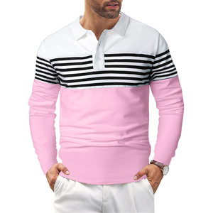 Polo de Manga Larga para Hombre, con Bloques de Color, Rayas Rosa, Blanco y Negro, Estilo Casual, Tejido de Punto, Corte Regular 2027 - Product Image 1