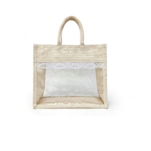 Sac de courses en jute naturel écologique avec fenêtre transparente en PVC et fermeture éclair, sac fourre-tout réutilisable pour les courses et les cadeaux de mariage - Product Image 1