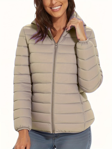 Muzamin Apparel Women Puffer <b>Jacket</b>-Windproof <b>Reversible</b> Eco-Friendly Quilted Autumn Thick Polyester Full Sleeve Solid Color - Product Image 1
