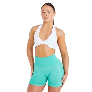 Hot Selling Wholesale White V-Neck Cutout Sports <b>Bra</b> With High-Waisted Teal Shorts Set for Women Fitness Yoga Wear - Product Image 1