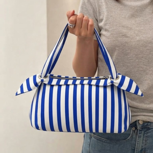 Blue <b>White</b> Striped Sustainable Soft Bow Handbag Zipper Closure Large Capacity Fashion Casual Tote for Daily Use - Product Image 2