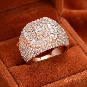 Luxury Men's Rose Gold Iced Out Square Ring Moissanite Baguette Diamond Tiered Statement Ring Hip Hop Pink Gold Jewellery - Product Image 1