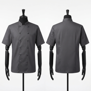 เสื้อเชฟยูนิเซ็กซ์สีเทา แขนสั้น สำหรับร้านอาหารและบาร์ ผลิตจากผ้าโพลีเอสเตอร์/คอตตอน ทออย่างดี ระบายอากาศได้ดี น้ำหนัก 200 GSM พิมพ์ลายด้วยเทคนิคซิลค์สกรีน - Product Image 1