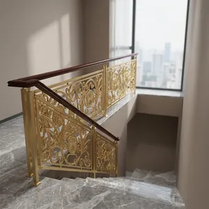 Barandal de Escalera Ornamental Dorado Elegante con Pasamanos de Madera y Grabados Florales para Decoración de Escaleras Interiores de Casas Dúplex de Lujo - Product Image 5