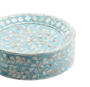 Phenomenal mother of <b>pearl</b> cake stand, aqua floral seashell low tray display set with recessed <b>top</b> for banquets - Product Image 2