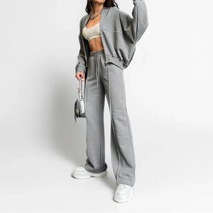 Ensemble de survêtement gris pour femme, sweat à capuche et pantalon long, coupe décontractée, couleur unie, taille à cordon, respirant - Product Image 1