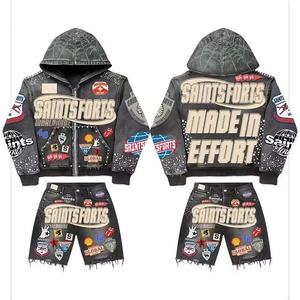 Acid Wash Hoodie and <b>Shorts</b> Set <b>Men</b> Vintage Distressed Hoodie <b>Sweat</b> <b>Shorts</b> Two Piece Oversized Streetwear Custom Print Logo - Product Image 2