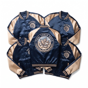 Wholesale B2B Supplier Teal Blue Satin Varsity <b>Jacket</b> Zip Up Custom Embroidered <b>Coral</b> Atoll Guild Baseball Coat - Product Image 5
