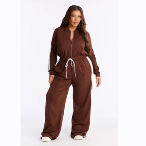 Ensemble de survêtement écologique marron pour femme, veste à manches longues avec demi-fermeture éclair, pantalon à cordon de serrage, couleur unie, vêtements de sport décontractés, vêtements d'hiver - Product Image 5