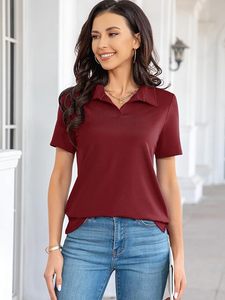 Polo à manches courtes pour femme, couleur unie, tricoté, décontracté, sport, longueur normale, bordeaux - Product Image 4