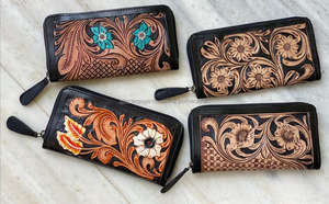 Porte-monnaie sculpté à la main pochette étui de téléphone élégant multi-usages portefeuille en cuir véritable occidental portefeuille à fleurs turquoise pour femmes - Product Image 5