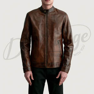 เสื้อแจ็คเก็ตหนังแท้สีน้ำตาลแทนสำหรับผู้ชาย รุ่นพรีเมียม สไตล์คลาสสิคคาเฟ่เรเซอร์ คอตั้ง ทรงเข้ารูป แฟชั่นลำลอง - Product Image 4