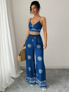 Conjunto de 2 Piezas de Verano para Mujer, Top Corto sin Mangas con Bordado y Pantalones, 100% Algodón - Product Image 4