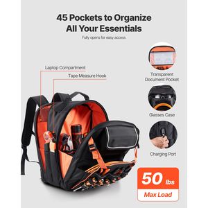 Heavy Duty 45-Pocket <b>Tool</b> <b>Backpack</b> with Laptop Compartment Reinforced Fabric Base Work <b>Bags</b> Organizer - Product Image 2