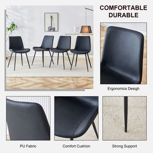 Chaise de salle à manger avec dossier en cuir artificiel noir, design incurvé et élargi confortable, avec pieds en métal noir - Product Image 5