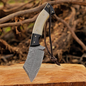 Cuchillo de caza y camping estilo vaquero personalizado de acero de Damasco, tipo Bull Cutter, de hoja fija, para desollar, con funda de cuero - Product Image 5