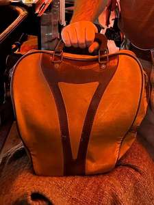 Vintage <b>Bowling</b>-Shaped Genuine Leather Handbag With Stripe Panel Design Zip Closure Two Handles Unisex Daily Use - Product Image 2