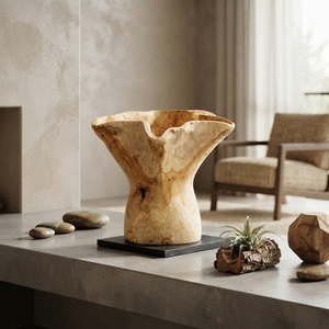 Vase en bois de teck sculpté à la main, design moderne, motif abstrait, bol décoratif pour fleurs, grain de bois naturel, accent de table pour salon - Product Image 4
