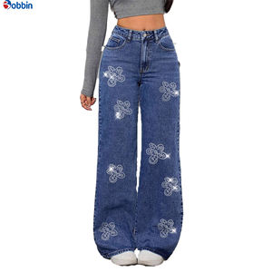 Pantalon Baggy Femme Personnalisé avec Strass, Taille Haute, Style Tendance, Jean Ample Droit en Denim pour Femme, Nouvelle Collection Automne - Product Image 1