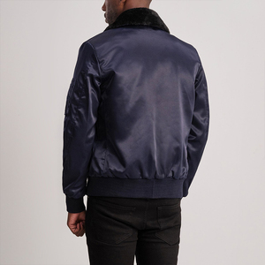 Men's Navy Blue Satin Bomber <b>Jacket</b> with Removable Black Faux Fur Collar Zipper Up Shiny Silk Flight <b>Jacket</b> Casual Winter Coat - Product Image 6