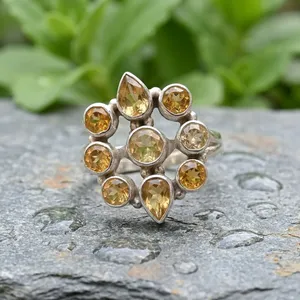 Bague Statement en Argent Sterling 925 avec Citrine Faite à la Main, Design Vintage Bohème avec Grappe de Pierres Jaunes Multiples - Product Image 3